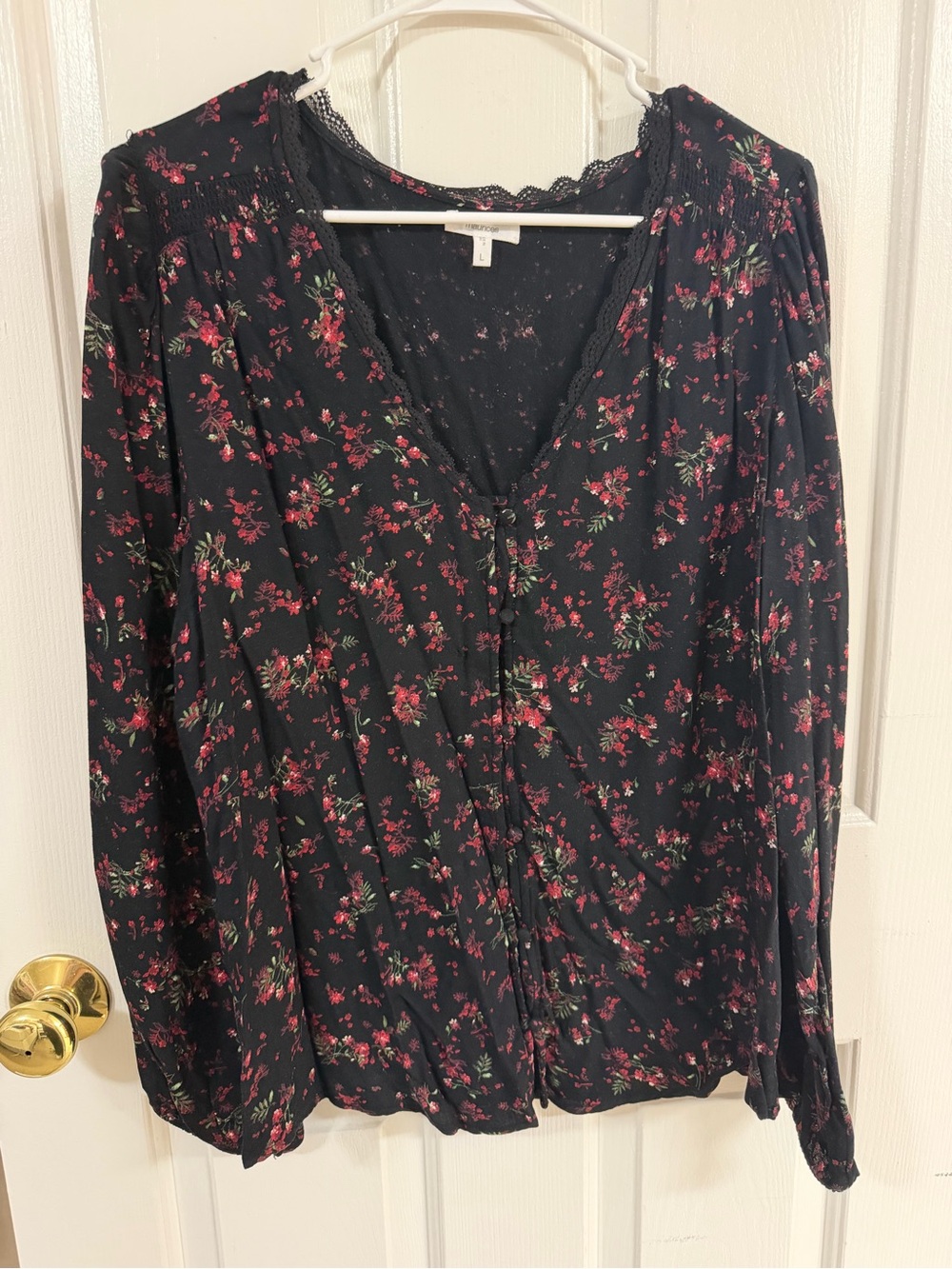 Maurices Black Floral V-Neck Button Blouse